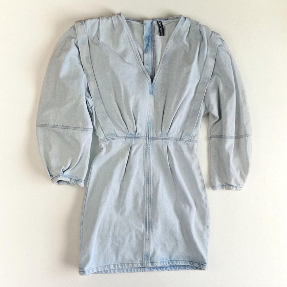 Zara Pleated Denim Mini Dress Elbow Length Puff balloon Sleeves Sz.XS